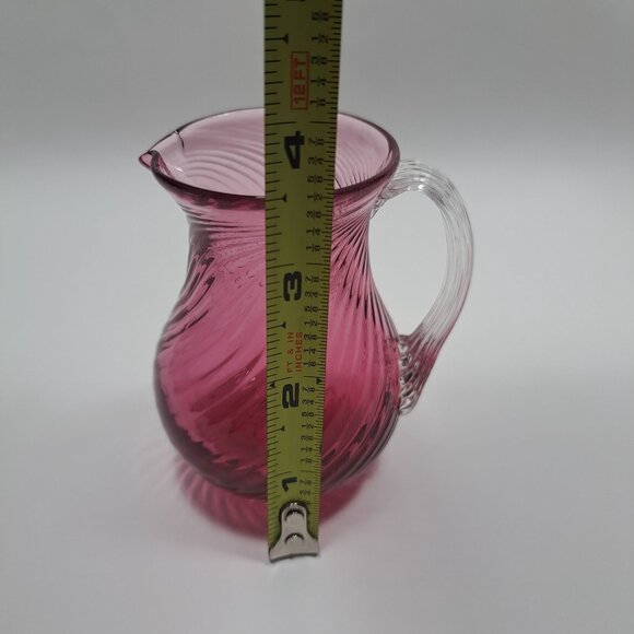 Pilgram Glass Cranberry Swirl Optic Rib Creamer Clear Reed Handle Hand Blown - Picture 4 of 8